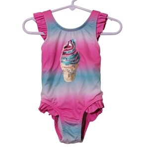 Girls Pink & Aqua Ombre Ice Cream Sequin One-Piece Swimsuit, Size 2T